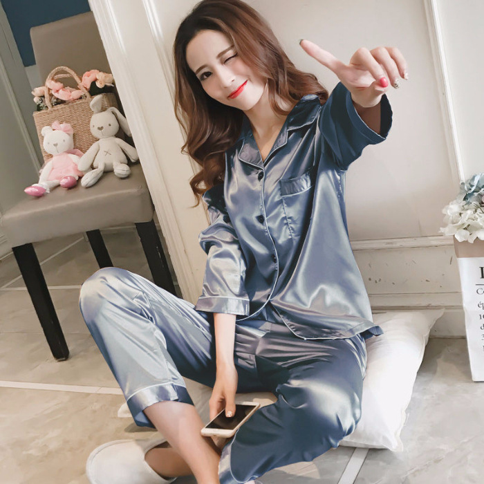 Pijama de comercio exterior de seda para mujer de verano de manga larga de color sólido estilo coreano suelto WeChat LIVE Home wear suit mujer transfronteriza