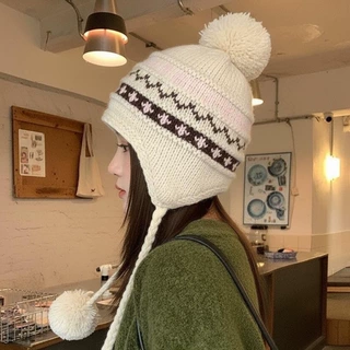 新款费尔岛毛球针织帽女冬季加绒加厚保暖毛线显脸小护耳雷锋帽