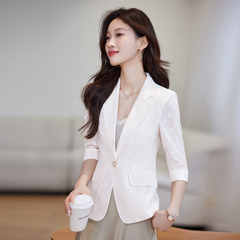 [Foreign Trade Hot Item] Apricot-Colored Blazer for Women 2026 Spring/Summer Elegant Lace Sequin Fashion Thin Jacket