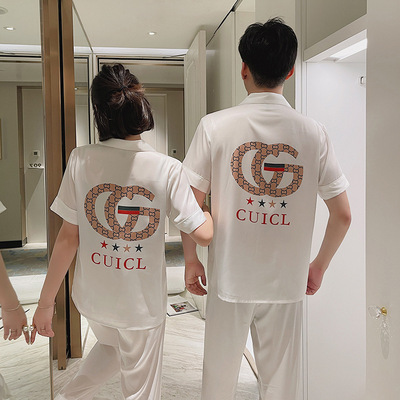 2021夏季新款冰丝时尚高端情侣睡衣女短袖长裤套装春秋薄款家居服