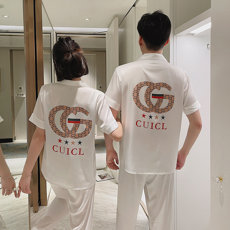 2021夏季新款冰丝时尚高端情侣睡衣女短袖长裤套装春秋薄款家居服