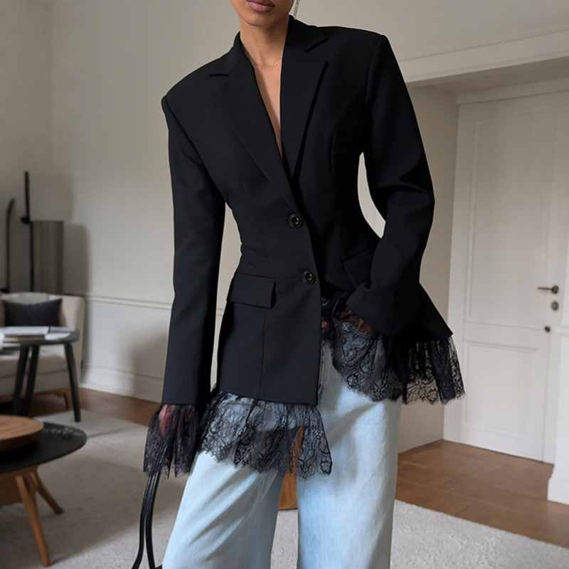 European and American Cross-Border Design Black Small Suit Jacket for Women with Lace Splicing, Commuter Style, High-End Long-Sleeved Suit