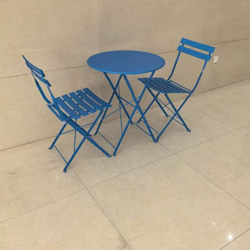 Outdoor folding flat iron table and chair three-piece coffee shop balcony iron Macaron folding small round table and chair