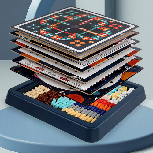 Multifunctional game chess, children's interactive board game toys, wooden beast chess, checkers, flying chess, backgammon