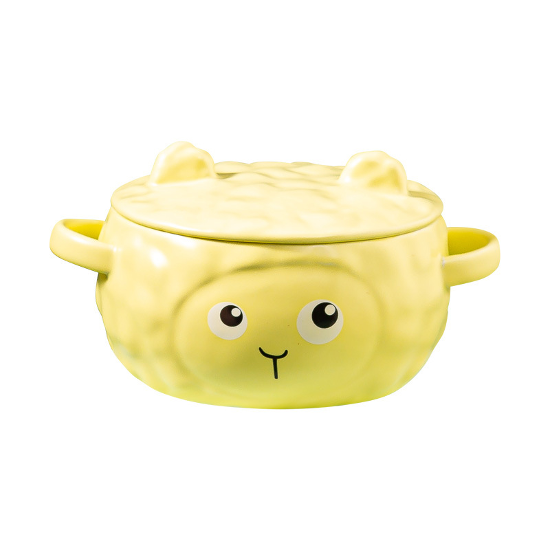 Tazón de cerámica con diseño de oveja y orejas - Con tapa - Para fideos y sopa - Tamaño grande ideal para estudiantes