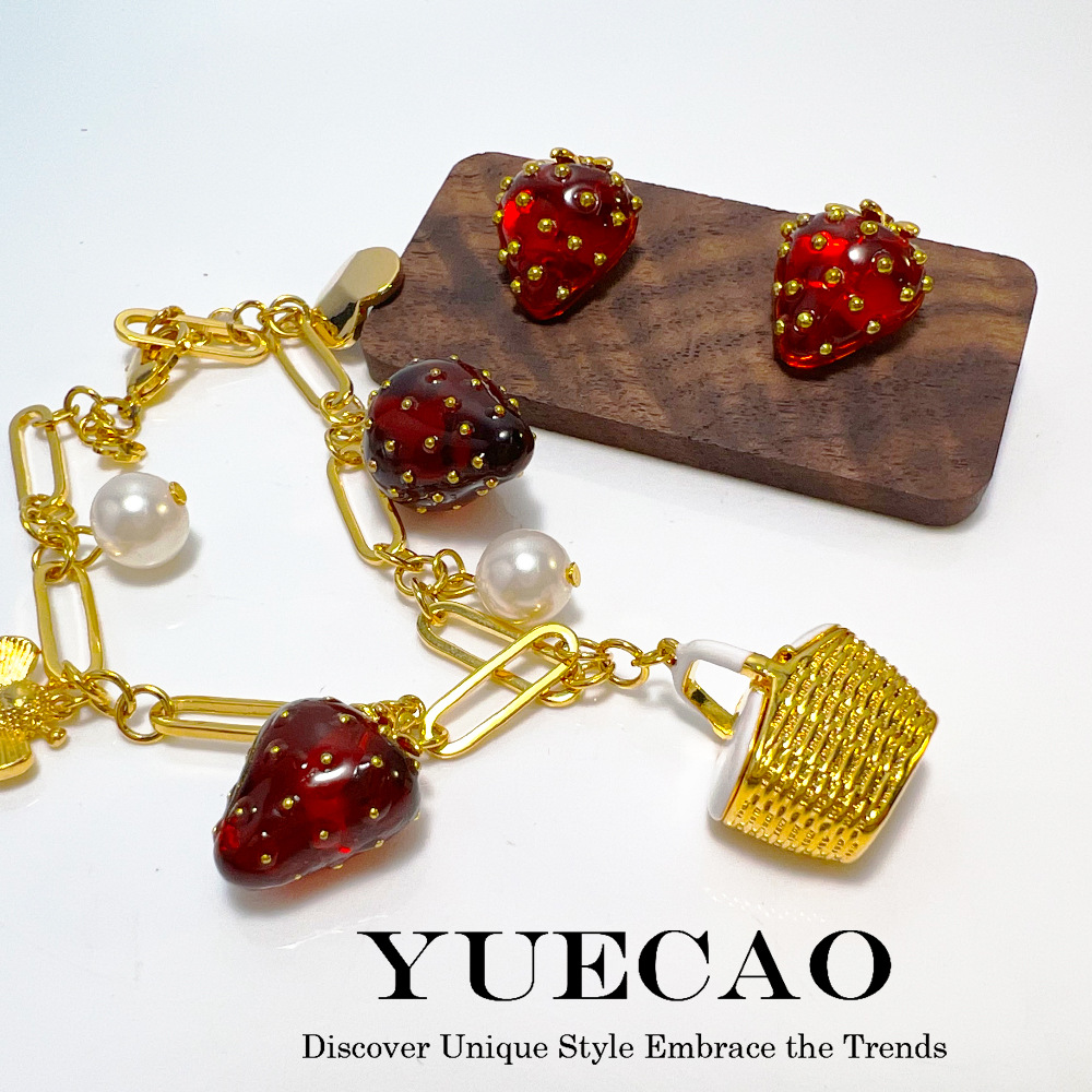 KS nueva fresa pulsera nicho ins cobre textura de oro Chapado en la fruta de alta definición marcado dopamina collar oído espárragos