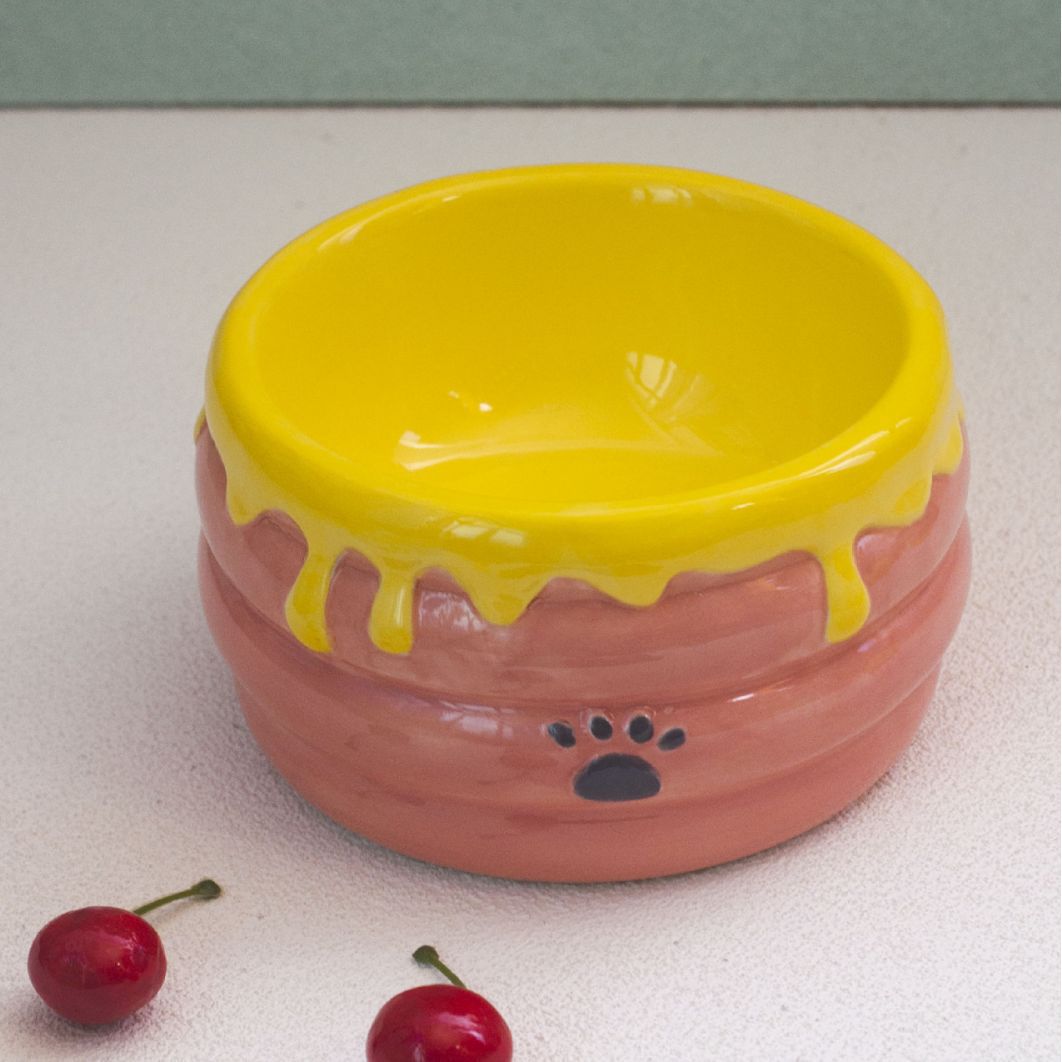 Miel olla pierna alta cerámica gato tazón anti-mascota tazón anti-golpe mascota agua potable protección columna cervical hecho a mano bajo vidriado