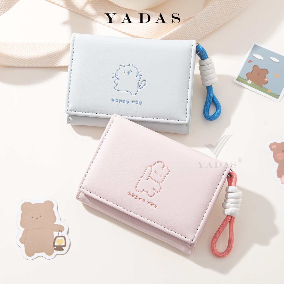 [Nudo Happy Bear] YADAS, tarjetero para mujer Xiaoxiang, billetera corta de tres pliegues de cuero PU de alta calidad