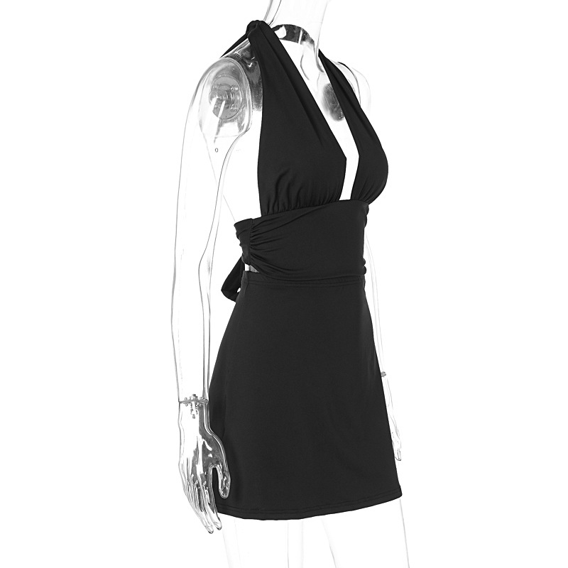 Summer Deep V Plunge Lace up Halterneck Vest Skirt Suit Outfit Women Clothing
