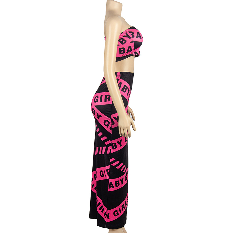 Spring Summer Sleeveless Letter Graphic Print Tube Top Long Skirt Women Set