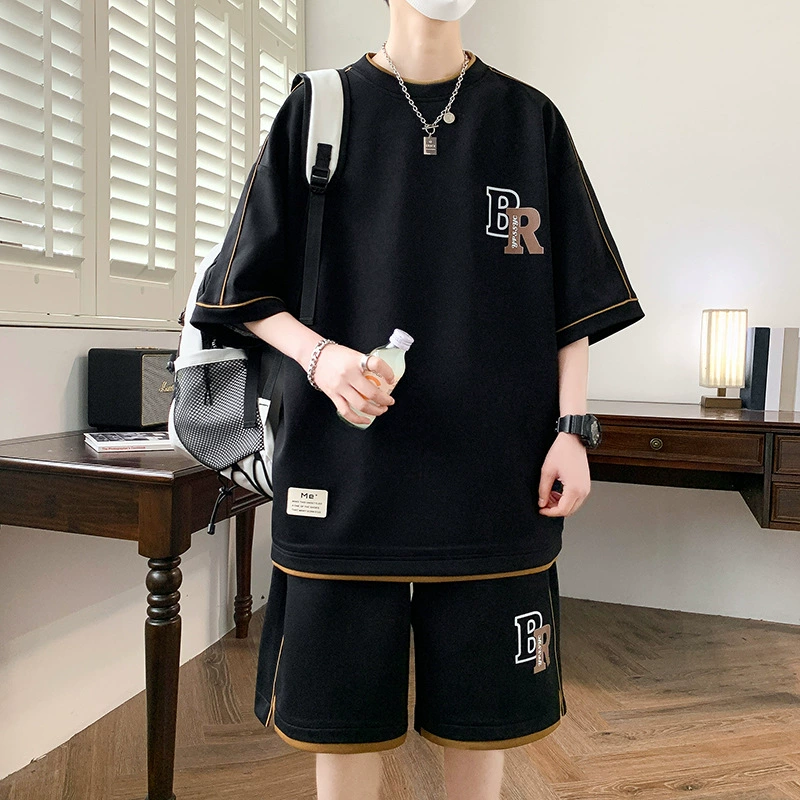Футболка мужская летняя модная брендовая с коротким рукавом и шортами, спортивный костюм для мужчин, повседневный набор с высококачественной вафельной тканью