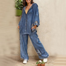 亚马逊跨境2025夏季欧美外贸时尚休闲宽松连帽上衣长裤两件套女