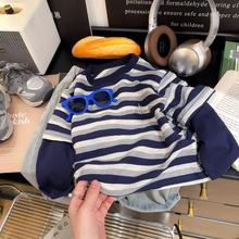 [秋上新]男童新款套头打底衫色织条纹撞色潮流百搭假两件长袖T恤