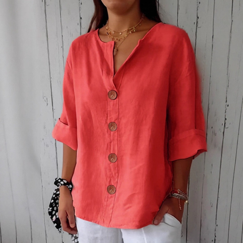 European and American Cross-Border 2025 Summer and Autumn Amazon Foreign Trade New Loose-Fitting Women's V-Neck Cotton and Linen Button T-Shirt Top for Women