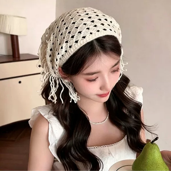 Triangular scarf, knitted headscarf, hairband for women, pastoral style hair accessory, cute spring style for outings, sweet handmade crochet flower wholesale