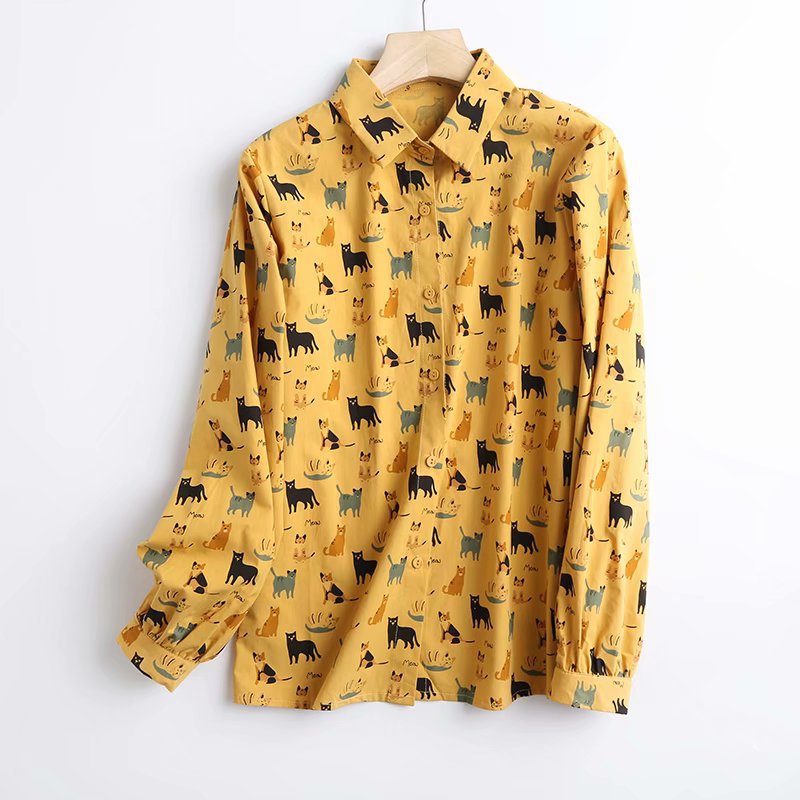 Simple Kitty Cartoon Print Long Sleeve Shirt  NSAM29939