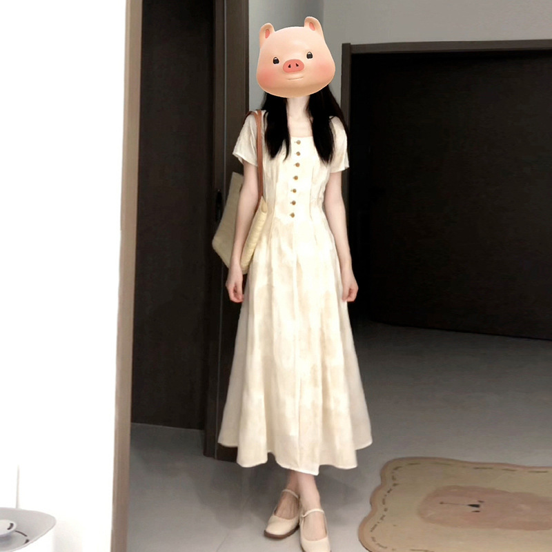 2025 新しいスタイルの小さなフレンチレトロスクエアカラードレス夏の女性の気質ハイエンドウエストロングスカート|undefined