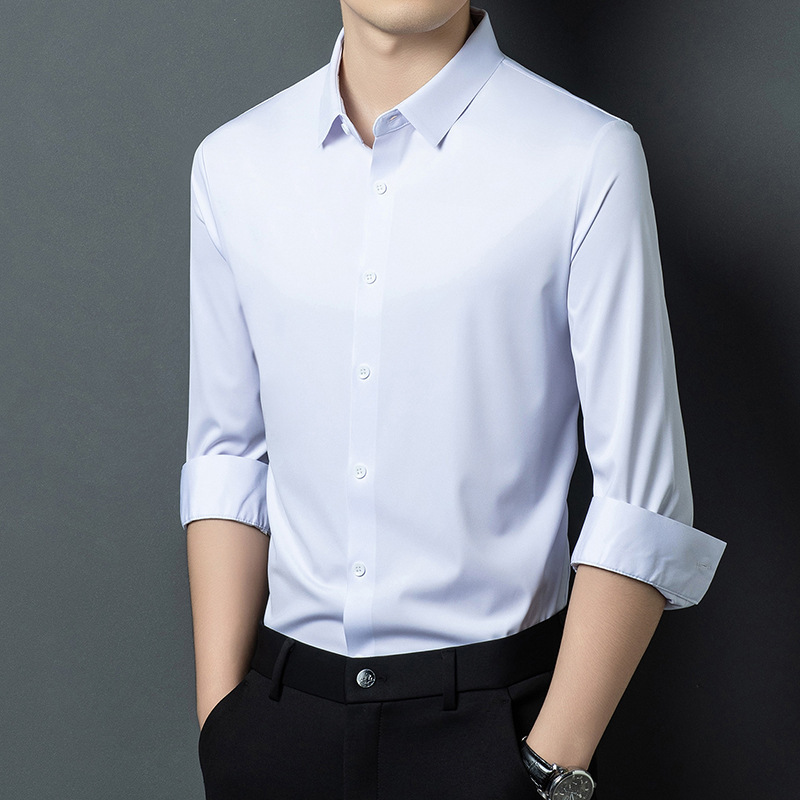 New Style Men's Solid Color Long-Sleeved Shirt, Business Non-Iron, Wrinkle-Resistant, High-Elastic, Professional Wear, Men's Plus Size Shirt Factory