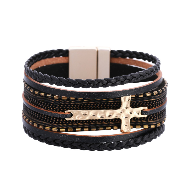 Bohemian Multi-layer Braided Cross Magnetic Buckle Bracelet display picture 15
