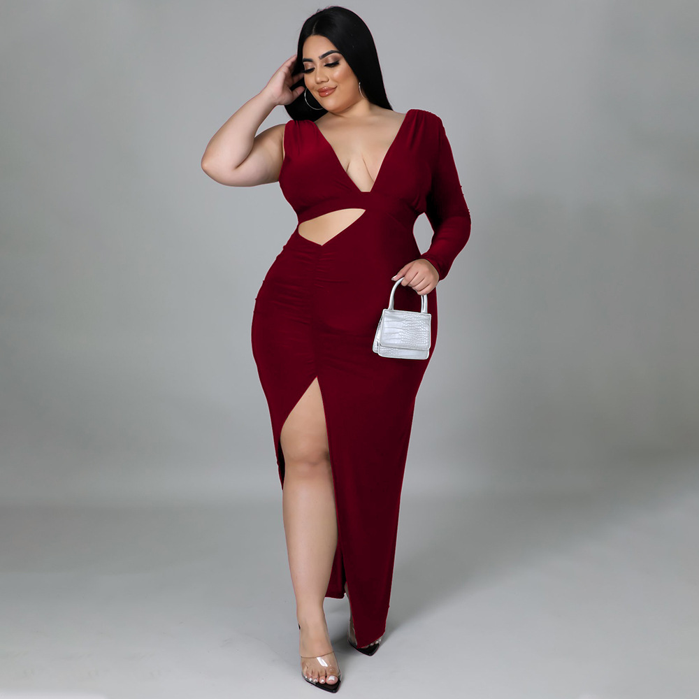 plus size single-sleeve hollow v neck backless slit solid color dress NSLNW122662