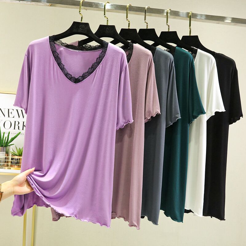2022 new summer loose V-neck fashionable slimming lace T-shirt women's short-sleeved modal undershirt top