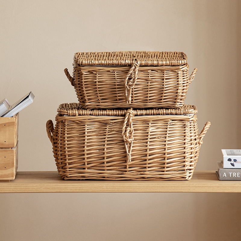 Cesta de almacenamiento de caña personalizada con cubierta caja de almacenamiento de tejido de sauce ropa doméstica juguetes gran capacidad de acabado cesta de almacenamiento