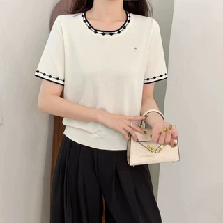 夏季新款韩版拼色圆领套头冰丝短袖t恤女士时尚针织衫百搭上衣潮