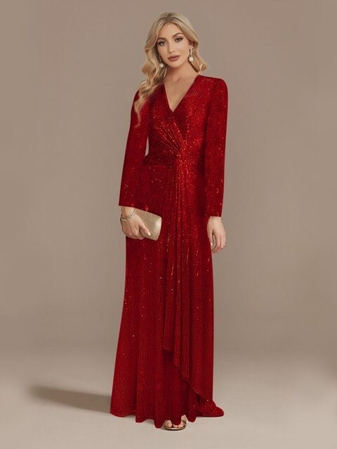 Elegantes Langarm Pailletten Abendkleid Für Damen Einfarbig_voghion.com