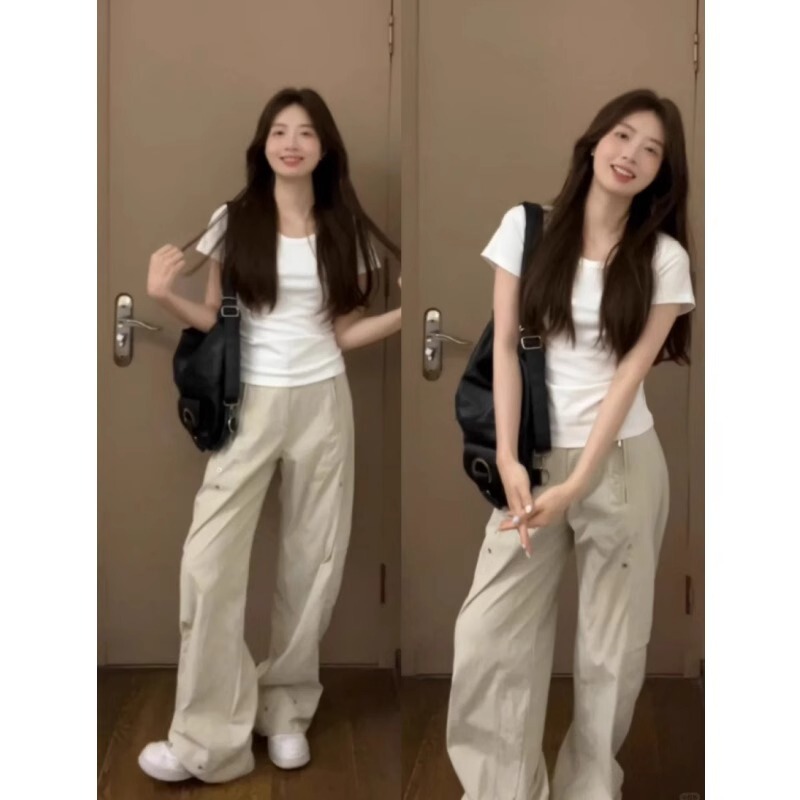 White Right Shoulder Women's Short-Sleeved T-Shirt Summer U-Neck Pullover Slim Tight Half-Sleeved Bottoming Short Top