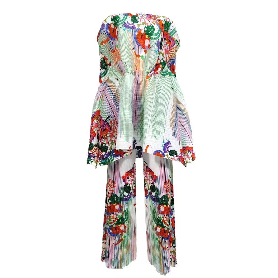 Women's Clothing fashion print pleated drawstring top trousers _voghion.com