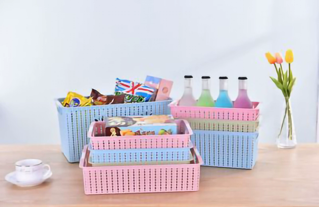 Plastic storage basket, table storage system, toy