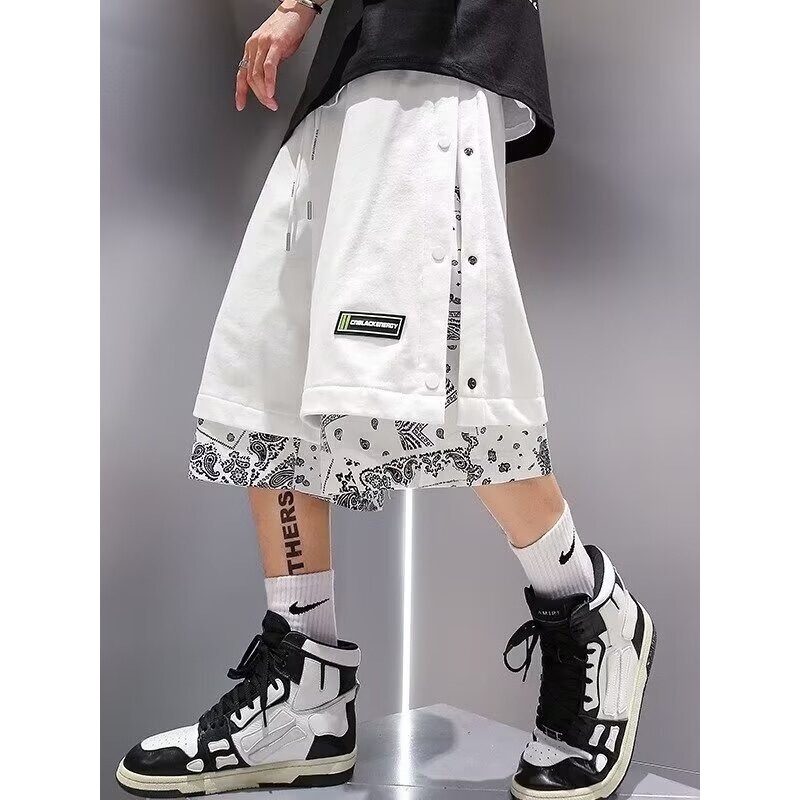 Fake Two-Piece Over-the-Knee Hong Kong-Style Shorts Men's Season Thin Loose Fashionable Summer Cashew Flower Stitching Breasted Casual Shorts
