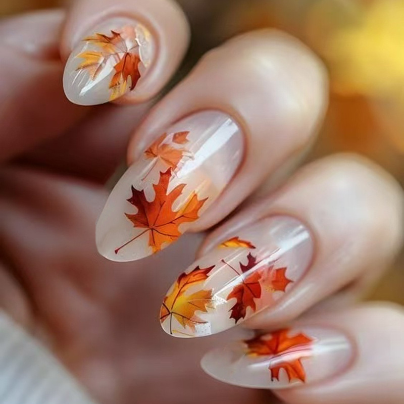 Autumn Thanksgiving Maple Leaf Graffiti Design Short Oval Wearable Manicure Nail Patch Export Fake Nail Patch