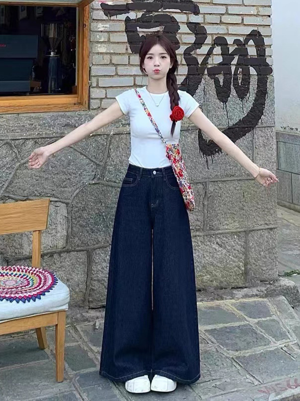 大码复古美式牛仔裤女2025春夏胖mm宽松高腰显瘦直筒阔腿拖地裤子|undefined