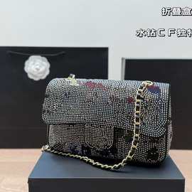 24k cf黑色满钻蝴蝶结亮片白格珠片女包真皮新款单肩斜挎包高级感