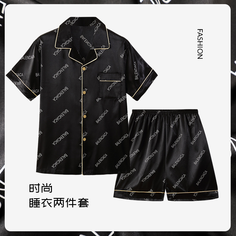 Pijamas de letras de verano para hombres Traje de tres piezas de seda de hielo de manga corta de alto grado para el hogar desgaste exterior juvenil seda real