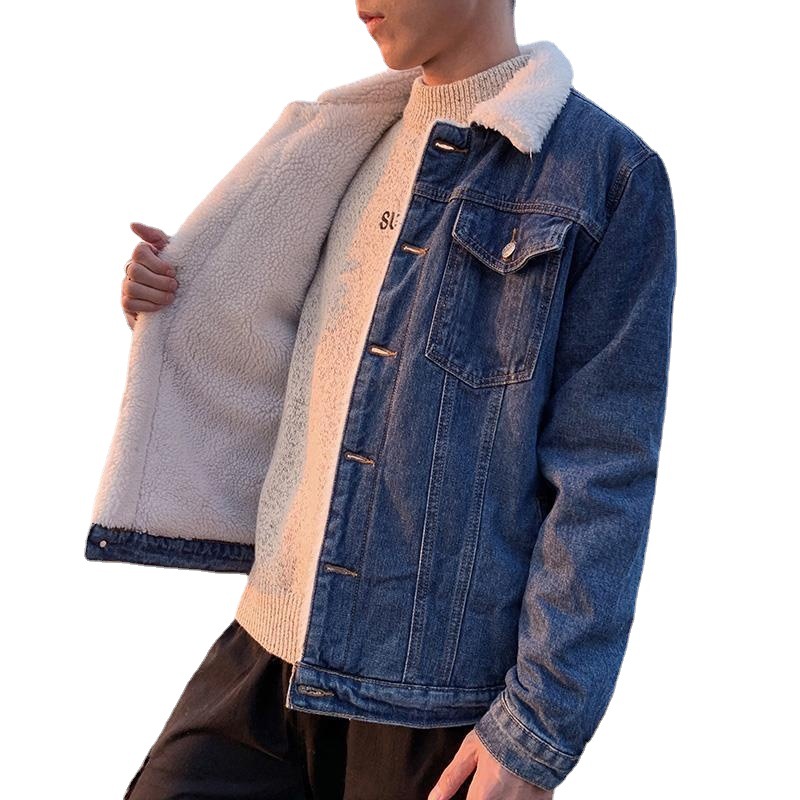 Abrigo de mezclilla de lana de cordero de invierno para hombres de estilo coreano de moda para hombres y mujeres estudiantes de todo fósforo suelto forrado de lana gruesa chaqueta cálida