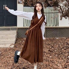 欧美跨境亚马逊秋装甜美森系中长款收腰A字裙V领背带套装连衣裙女