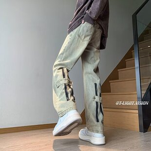 Zipper jeans men's summer American Retro High Street plus size men's pants trendy ins loose narrow straight pants
