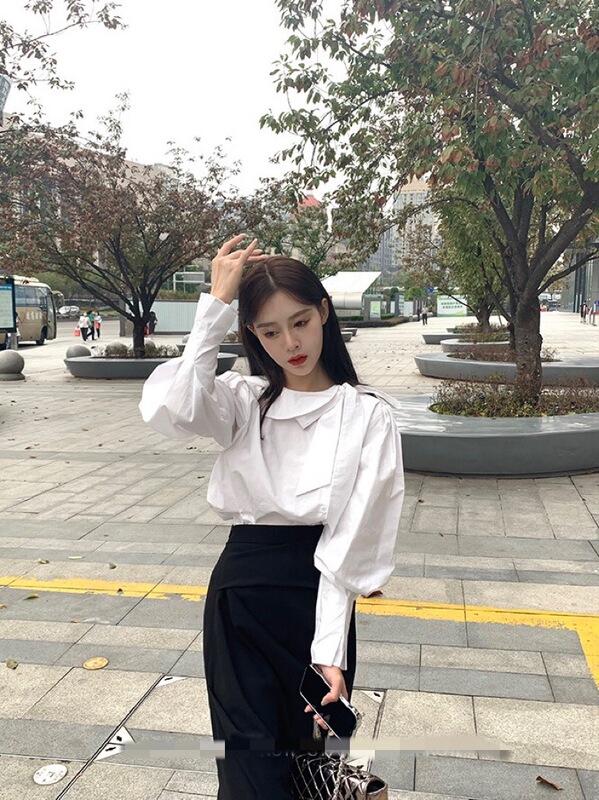 Shenzhen Nanyou high-end original single CE family spring and summer side lace bow irregular collar design pure cotton shirt