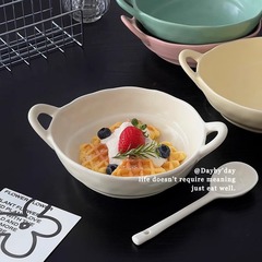 デザートボウルins風家庭用スプーン付き双耳碗高颜値陶磁器泡麺碗不規則サラダ碗ヨーグルト碗