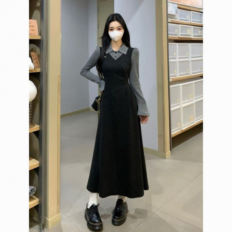 法式复古连衣裙女秋冬新款气质设计感假两件拼接微胖mm大码长裙子|undefined