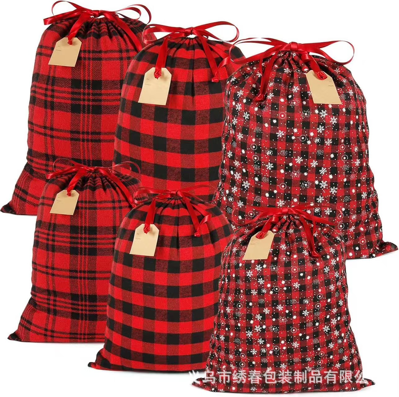 跨境热销圣诞节日派对礼物法罗格子抽绳袋红黑水牛格子棉布束口袋