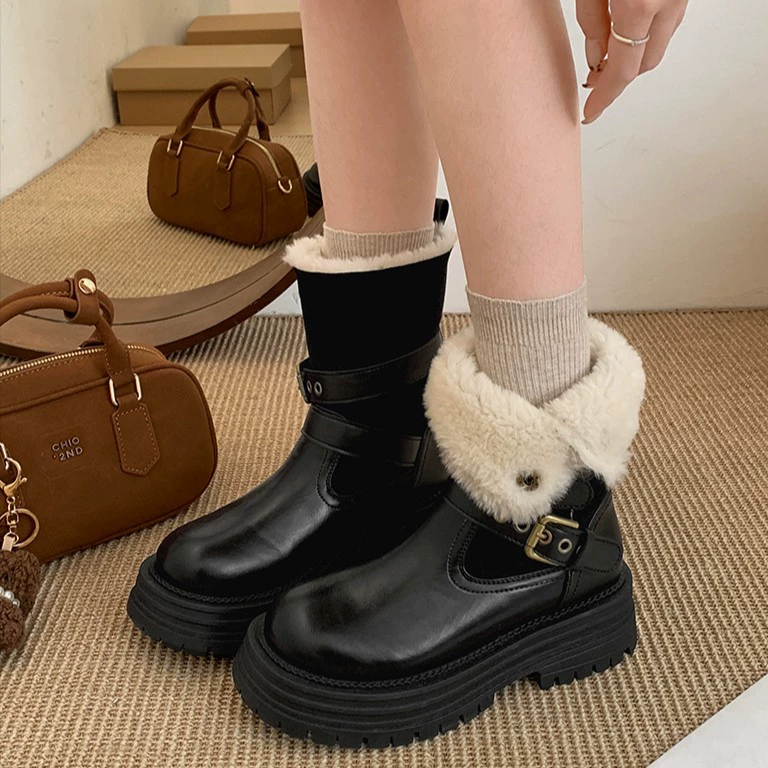 Модные ретро-сапоги на толстой подошве для женщин, новинка 2025 года, зимние утепленные флисом хлопковые сапоги, теплая хлопковая обувь