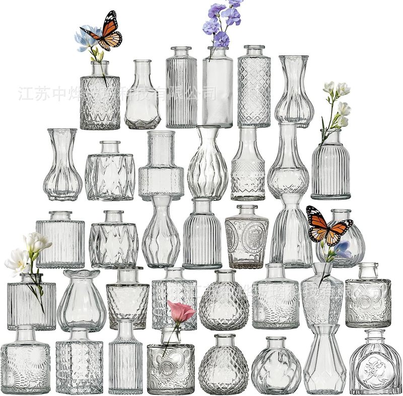 亚马逊同款迷你玻璃花瓶 ins风透明摆件插花中古高级感小花瓶套装|undefined