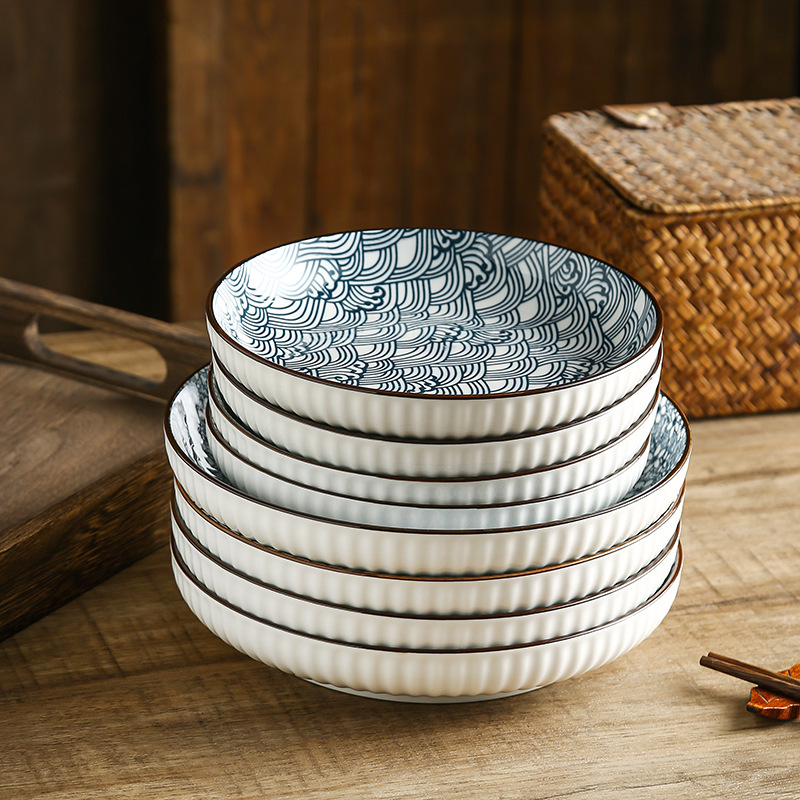 Placa cerámica hogar 7/8 pulgadas placa profunda bajo vidriado patrón vertical japonés Internet celebridad plato de arroz vajilla japonesa plato tazón