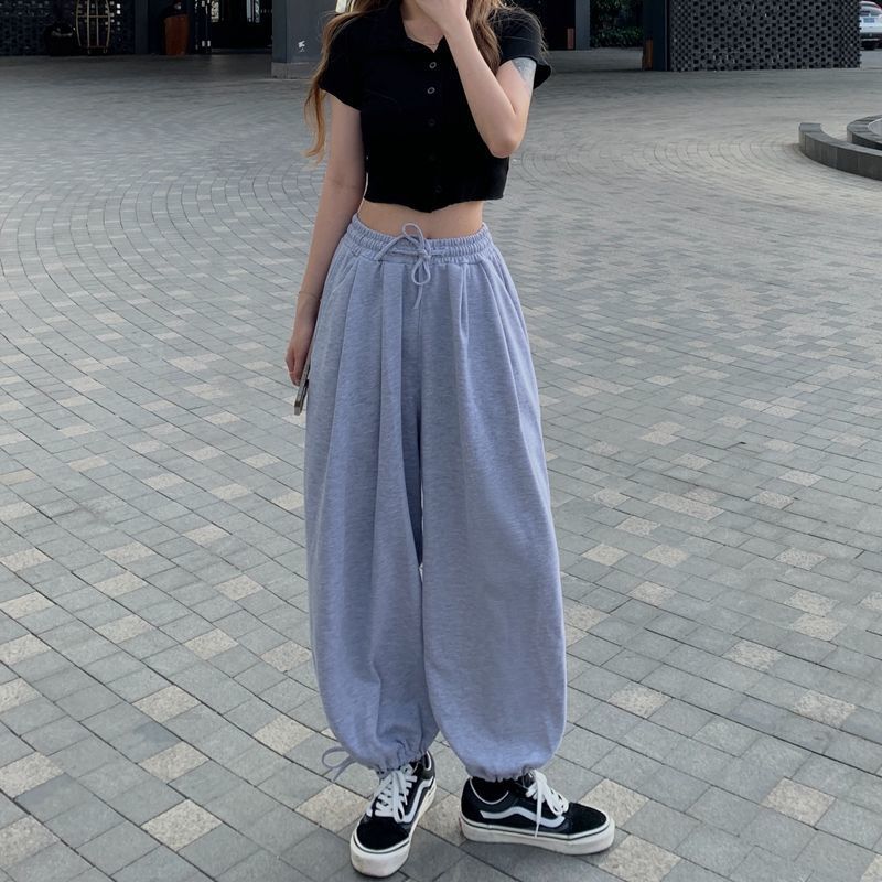 夏季运动阔腿裤女薄款宽松高腰百搭休闲长裤坠感束脚灯笼裤九分裤