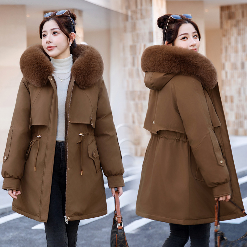Cuello de cabello para superar la chaqueta de algodón de invierno femenino con lana y chaqueta de algodón gruesa, chaqueta de algodón media y larga