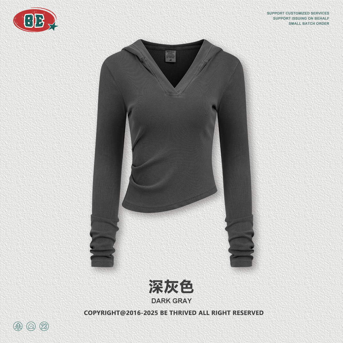 Ropa de mujer BE | Camiseta de Manga Larga con Capucha y Cuello en V, Ajustada a la Cintura, Estilo Retro Casual para Mujer, Otoño 2025