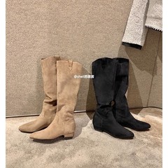 葡萄妈同款 涩谷靴V口尖头绒面内增高粗跟高筒骑士靴女西部堆堆靴